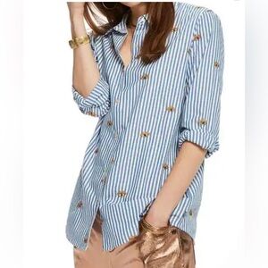 SCOTCH AND SODA Blue & White Striped Long Sleeve Evil Eye Embroidered Blouse